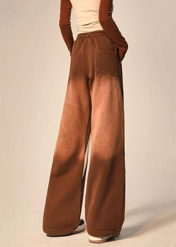 Brown Pockets Patchwork Elastic Waist Warm Fleece Wide Leg Pants Spring