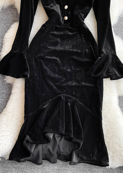 Black O-neck Tulle Patchwork Tunic Button Velour Maxi Dresses Long Sleeve