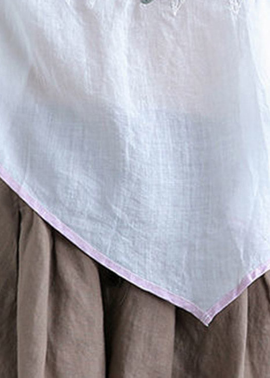 Fine White V Neck Embroideried Linen Top Short Sleeve