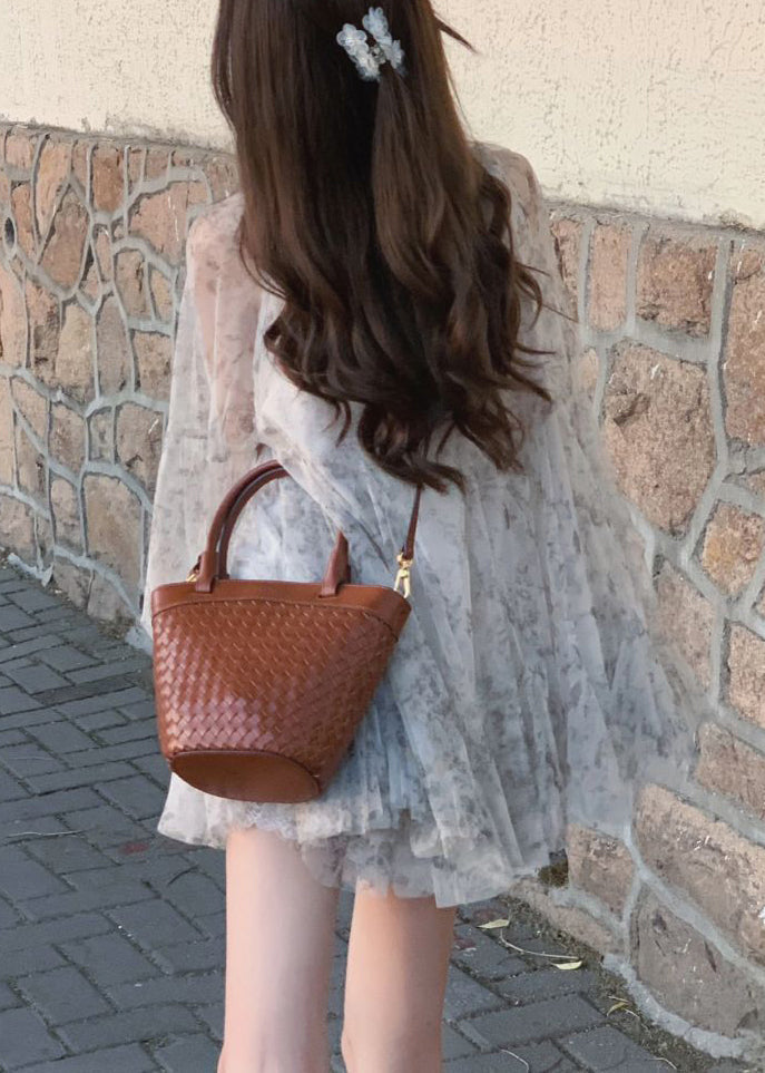 Grey Lace Up Print Tulle Mid Dress Long Sleeve