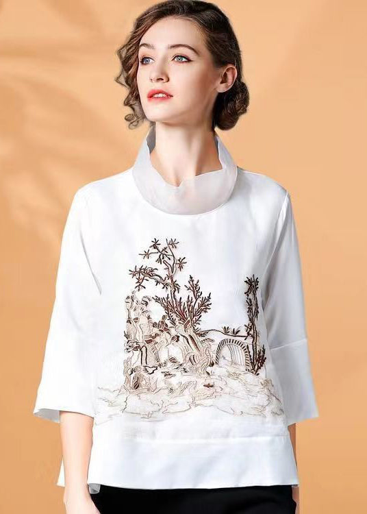 Black Stand Collar Embroidered Organza Blouse Top Spring