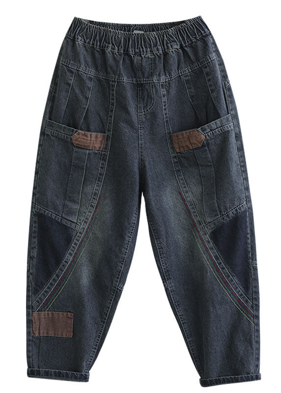 Blue Pockets Patchwork Fall Denim Pants