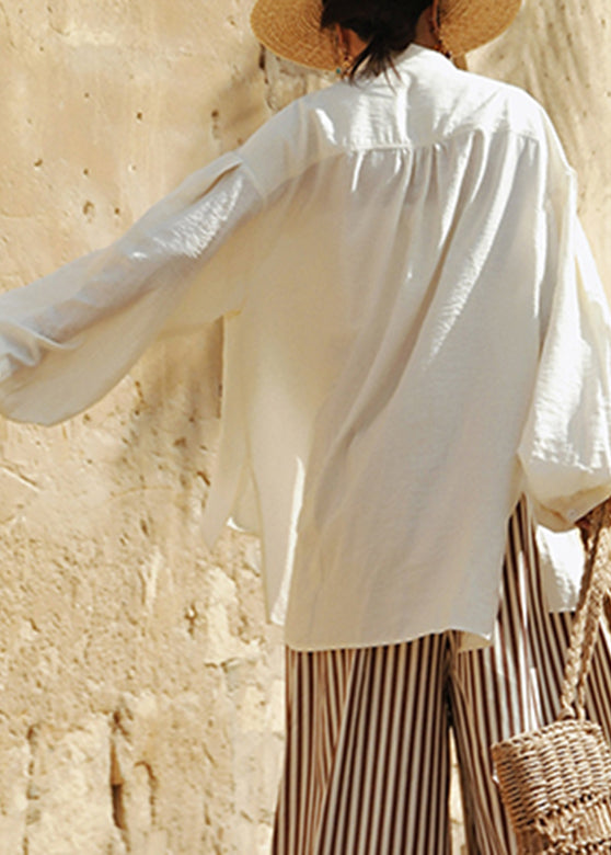 White Stand Collar Rose Cotton Top Lantern Sleeve