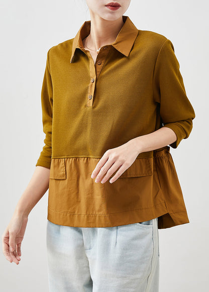 Brown Ruffled Patchwork Cotton Shirts Spring