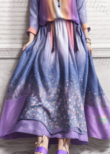 Italian Gradient Purple Cold Shoulder Exra Large Hem Silk Beach Dress Summer