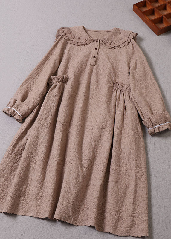 Khaki Embroideried Ruffled Cotton Vacation Dresses Long Sleeve