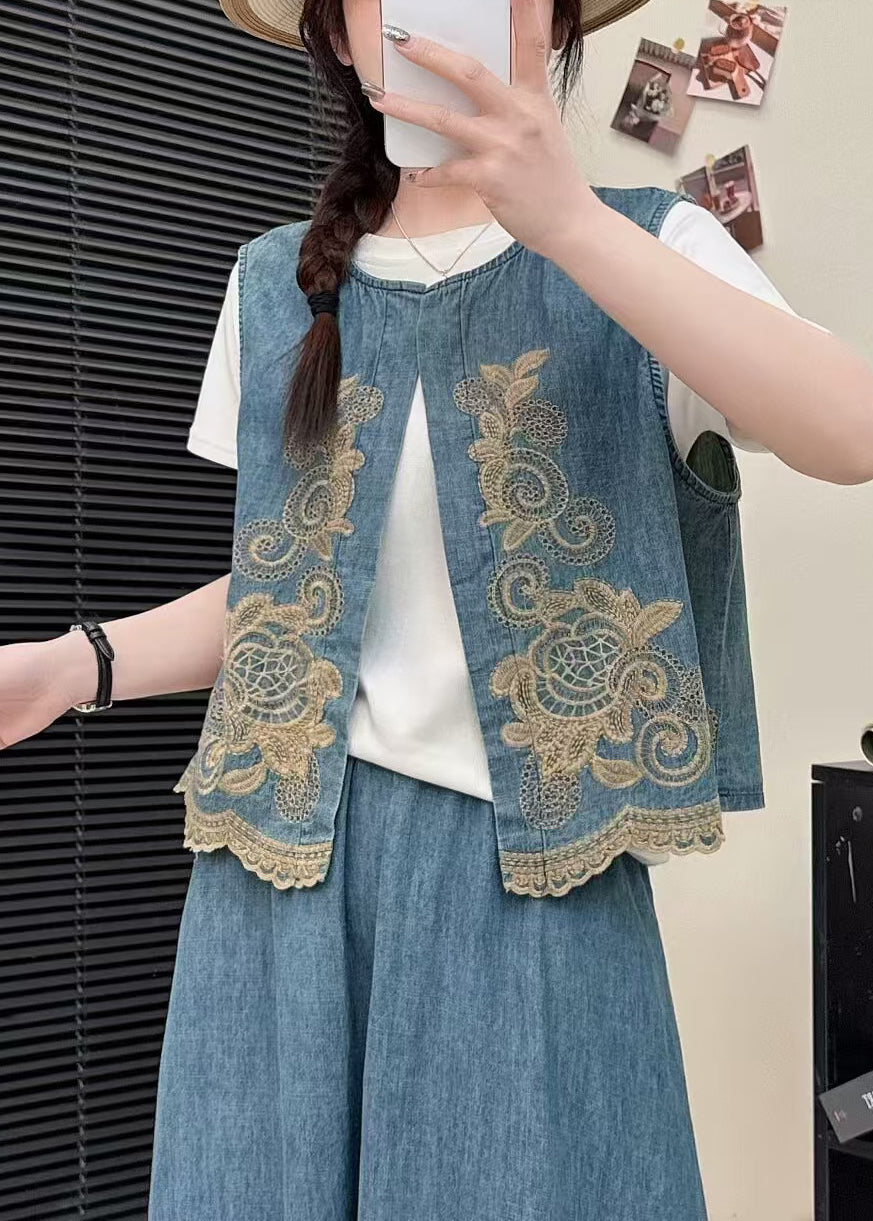 Light Green Embroideried Denim Vests Summer