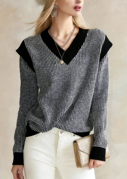 Black V Neck Plaid Knit Sweater Tops Winter