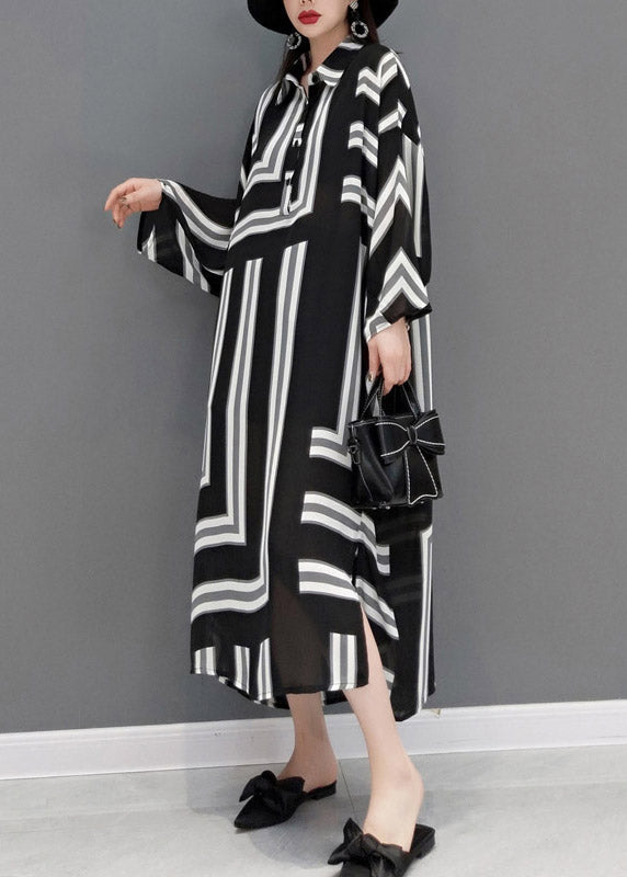 Grey Peter Pan Collar Side Open Striped Button Dresses Batwing Sleeve