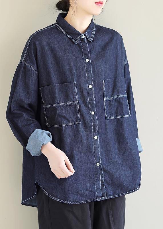Lapel Pockets Spring Tops Pattern Denim Blue Shirt