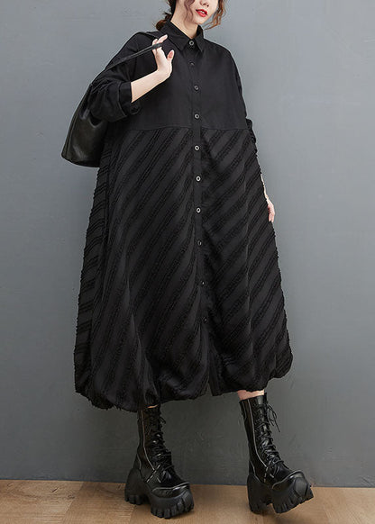 Black Peter Pan Collar Striped Patchwork Button Long Shirts Dresses Long Sleeve