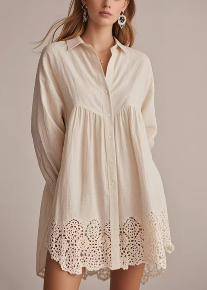Apricot Oversized Hollow Out Cotton Long Shirts Spring