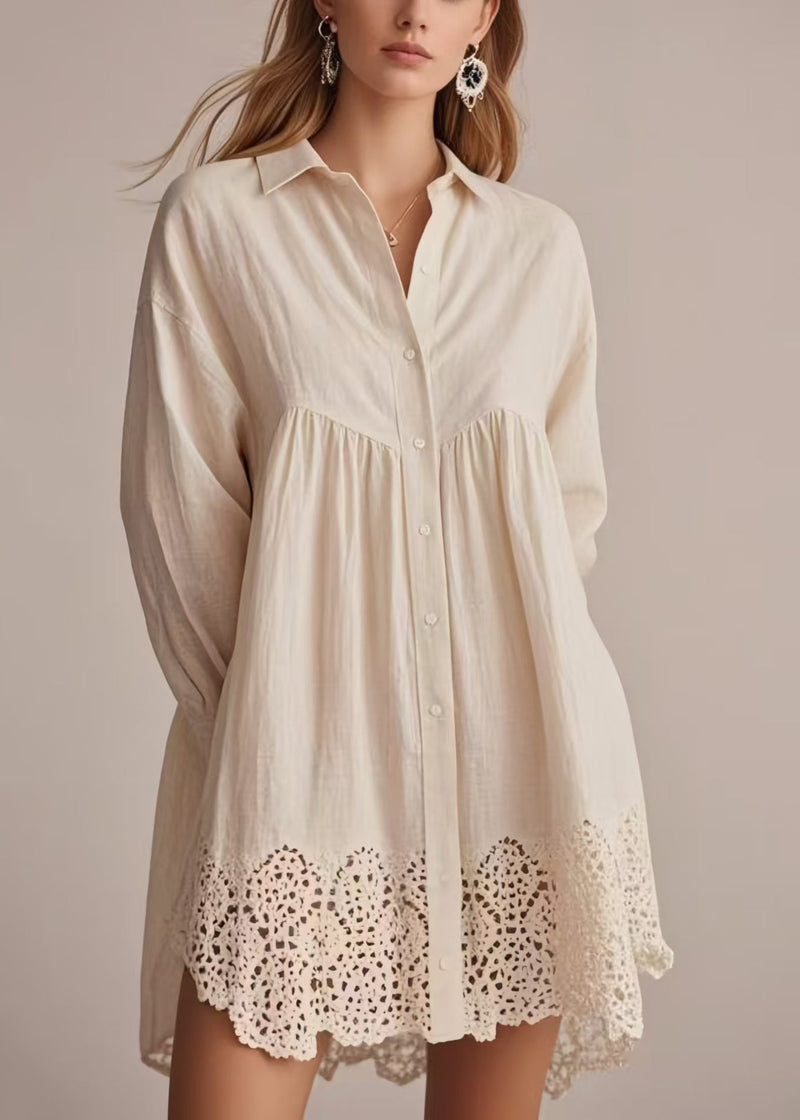 Apricot Oversized Hollow Out Cotton Long Shirts Spring