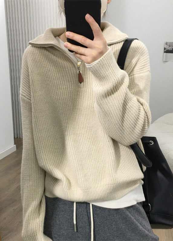 Apricot Zip Up Patchwork Cozy Knit Sweaters Long Sleeve