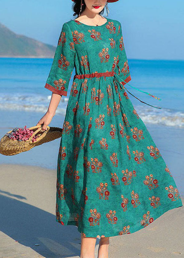 Original Design Green O-neck Print Tie Waist Cotton Linen Holiday Dresses Half Sleeve
