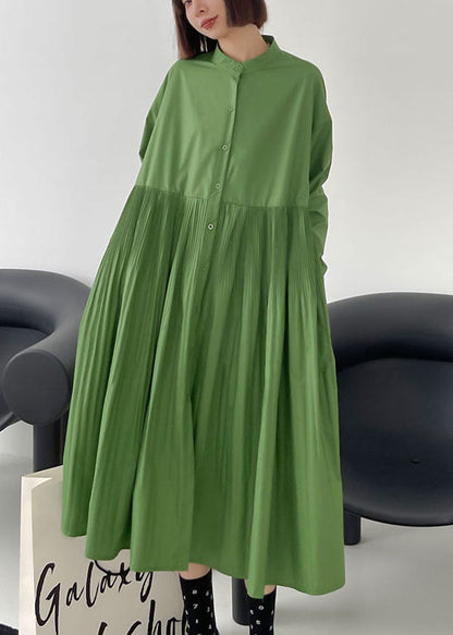 Green Wrinkled Pockets Button Fall Long Sleeve Dress