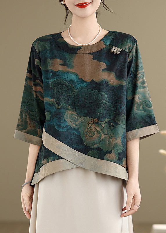 Green Asymmetrical Print Silk Blouses Half Sleeve Fall