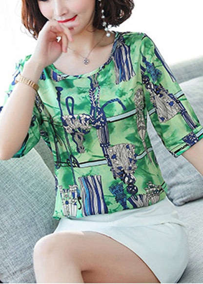Green Oversized Print Silk Tanks Summer