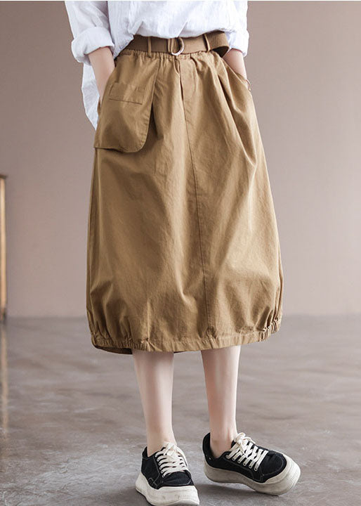 Khaki Elastic Waist Asymmetrical Pockets Cotton Skirts Summer