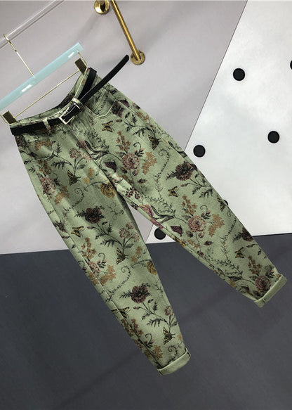 Apricot Print High Waist Sashes Pockets Beam Jeans