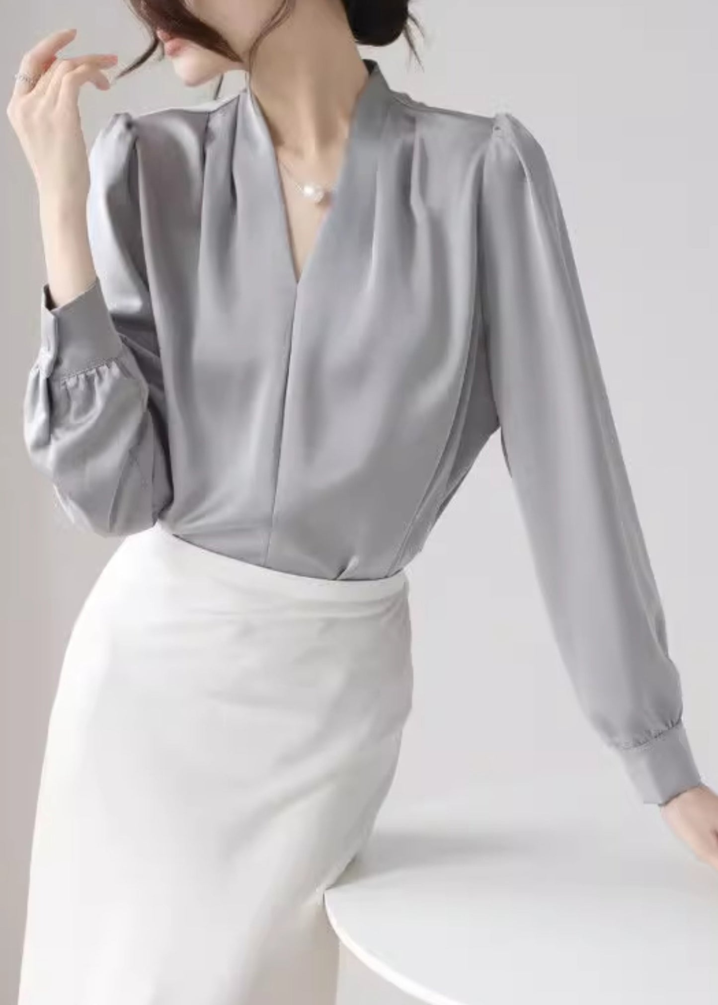 Simple Grey V Neck Button Silk Blouses Fall