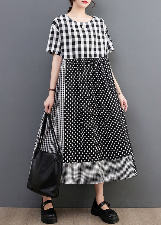 Natural O-neck Plaid Dot Patchwork Maxi Dresses Summer