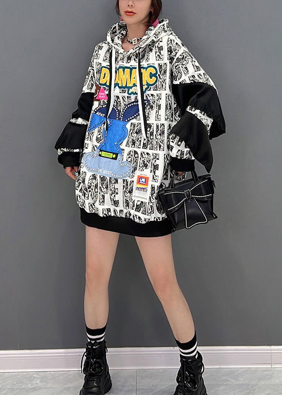 White Alphabet Print Nail Bead Hooded Sweatshirts Long Sleeve