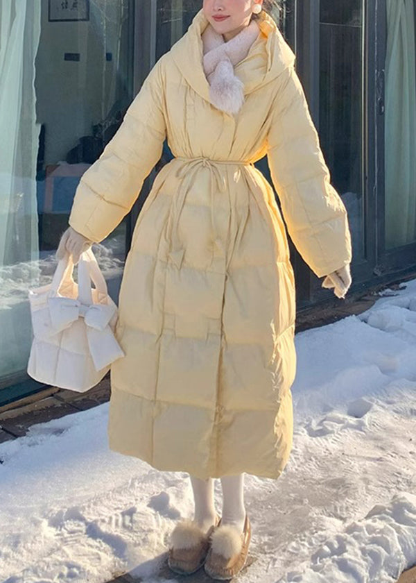 Yellow Hooded Tie Waist Fine Cotton Filled Puffers Jackets Winter