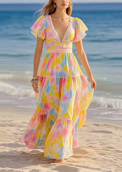 Diy Rainbow Puff Sleeve Print Chiffon Beach Dress Summer