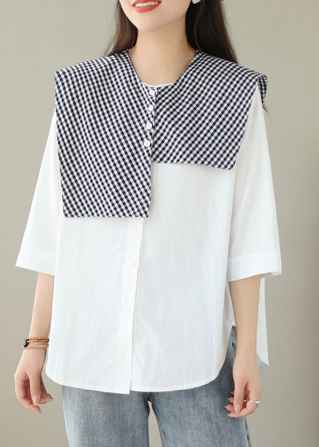 Organic White Plaid Button Shawl and Shirts Two Pieces Set Summer