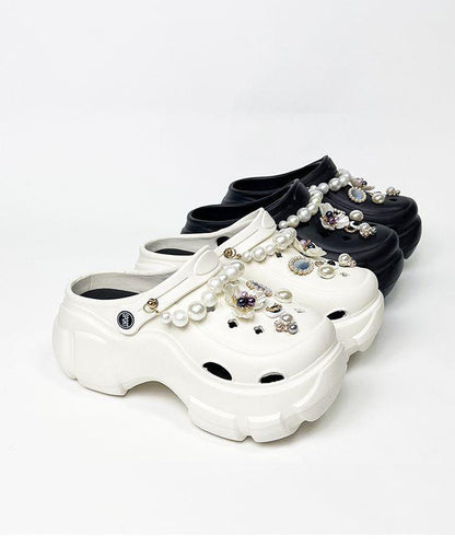 White Nail Bead Hollow Out Platform Slide Sandals