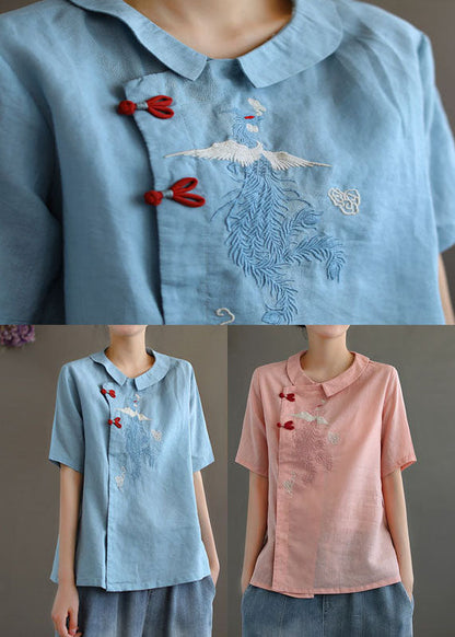 Pink Peter Pan Collar Embroideried Linen Blouse Tops Spring