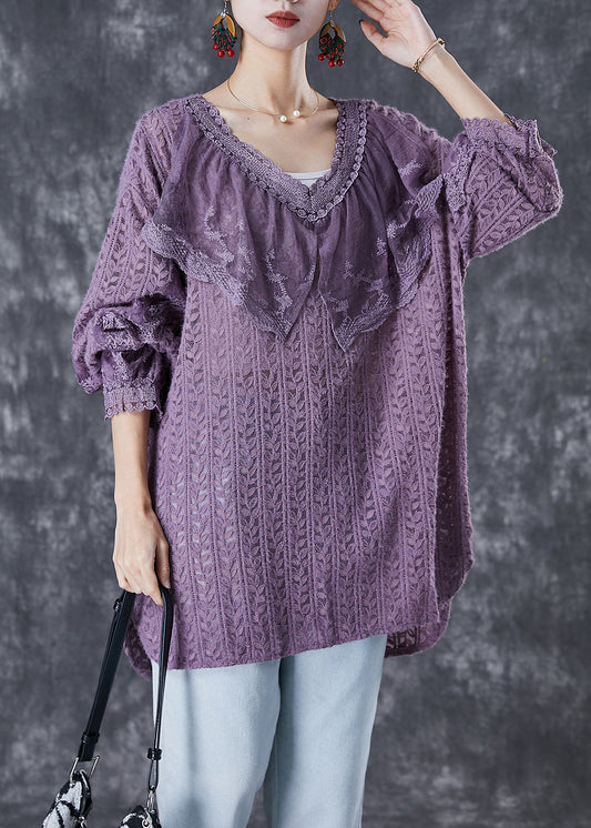 Purple V Neck Patchwork Lace Shirts Fall