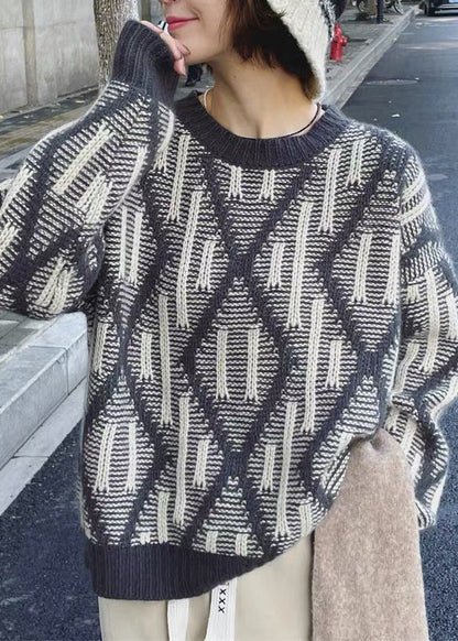 Dark Blue O-neck Thick Plaid Knit Sweaters Fall