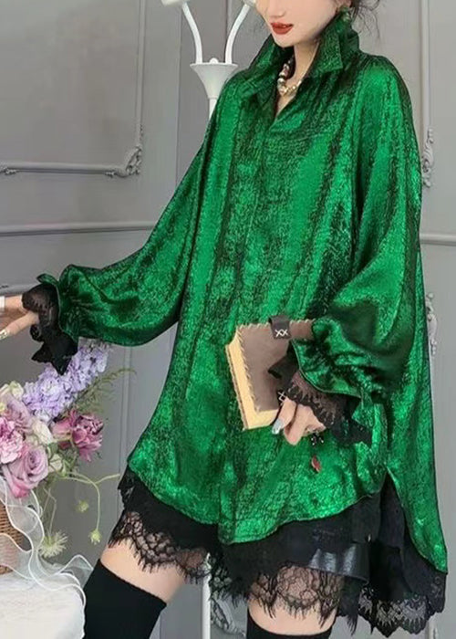 Green Peter Pan Collar Lace Patchwork Silk Shirt Long Sleeve