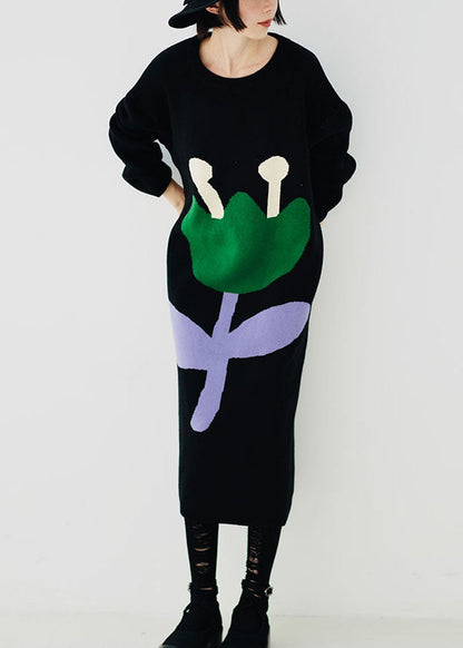 Italian Black O-neck Thick Cotton Knit Sweater Dress Long Sleeve