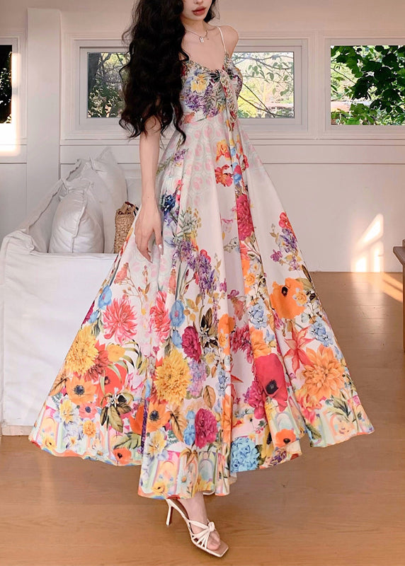 Print High Waist Cotton Spaghetti Strap Dress Sleeveless