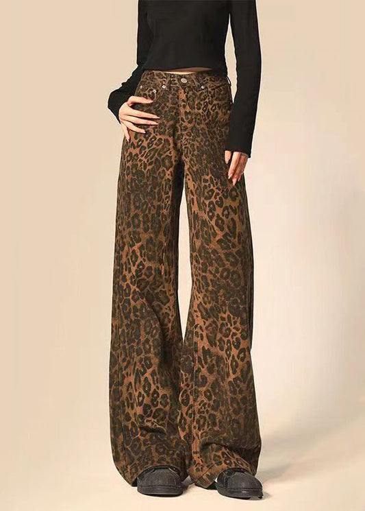 Leopard Print Pockets Denim Straight Pants Spring