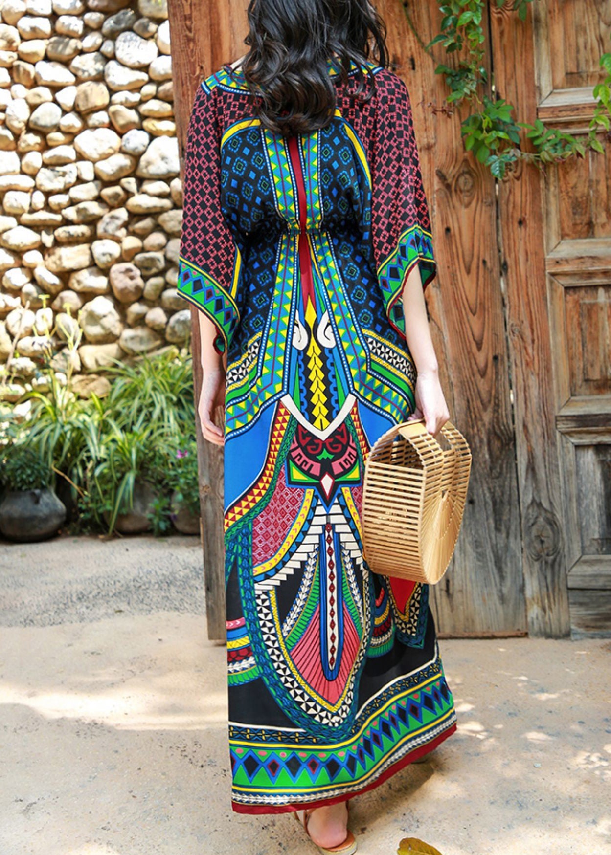 Green V Neck Print Patchwork Cotton Long Dresses Batwing Sleeve
