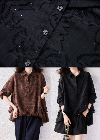 Brown Oversized Jacquard Chiffon Blouse Top Fall