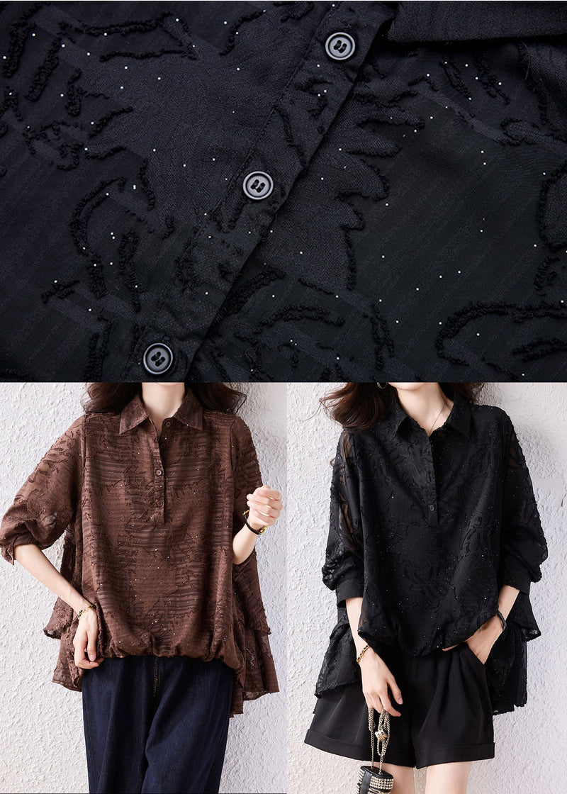 Modern Black Oversized Jacquard Chiffon Shirt Tops Fall