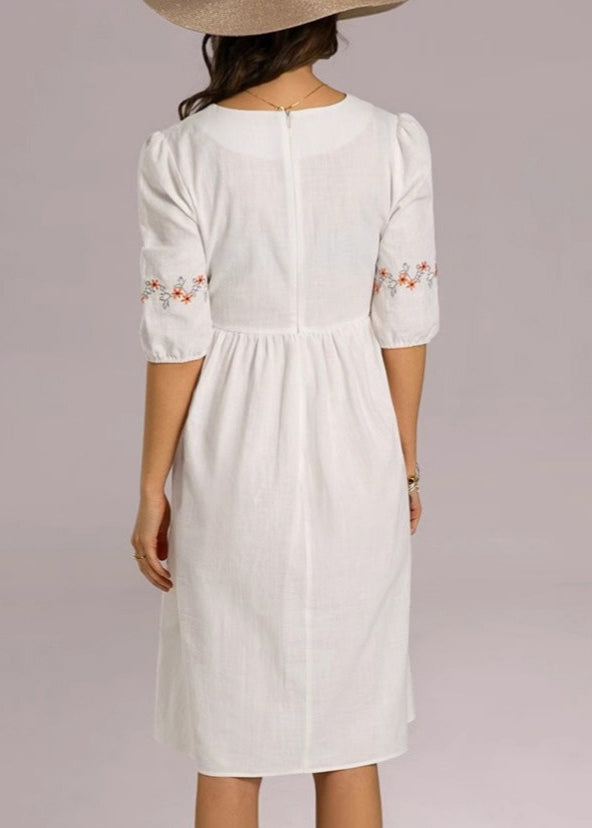 Loose White Embroidered Zippered Cotton Dresses Half Sleeve Summer