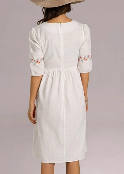 Loose White Embroidered Zippered Cotton Dresses Half Sleeve Summer