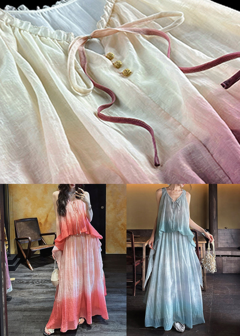 Purple V Neck Ruffled False Two Pieces Linen Silk Dress Summer