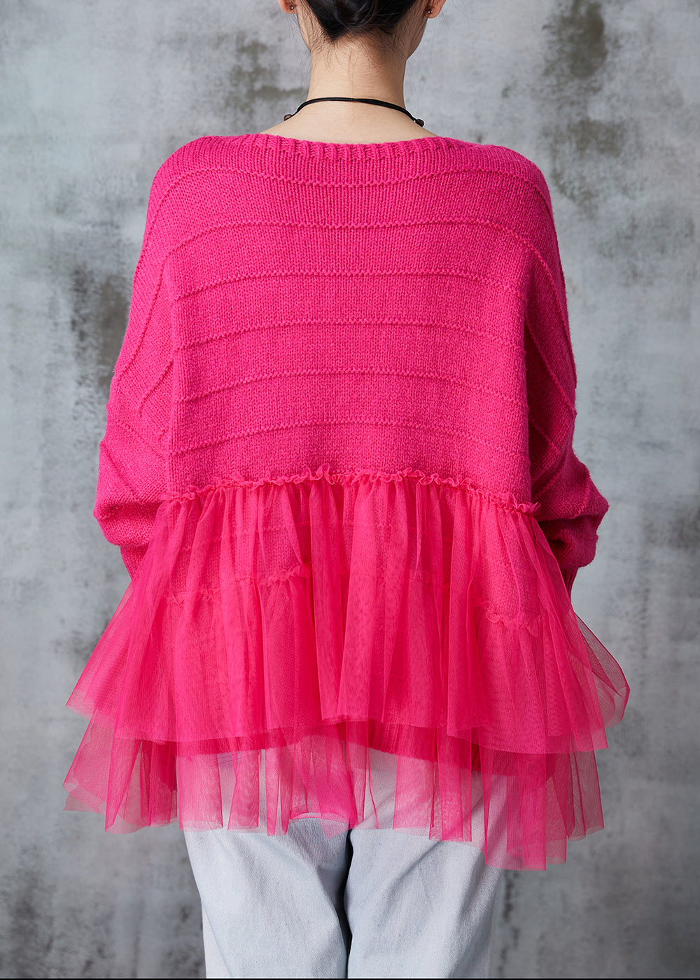 Fine Rose Patchwork Tulle Knit Sweater Tops Spring