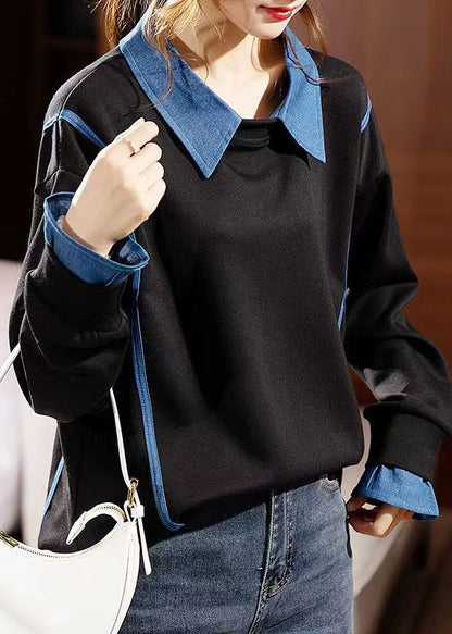 Black Peter Pan Collar Denim Patchwork Top Fall