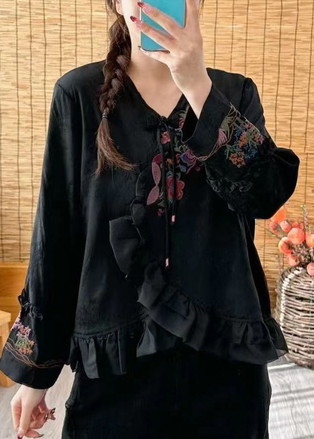 Loose Black V Neck Ruffled Embroideried Button Shirt Long Sleeve