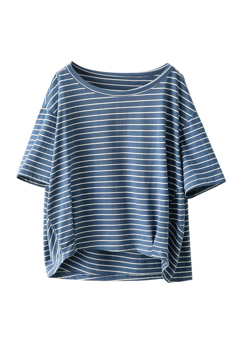 Blue O Neck Striped Linen Top Summer