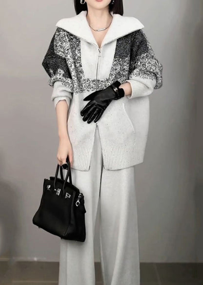 Organic Light Grey Print Zippered Cotton Knit Sweaters and Wide Leg Pants Two Pieces Set Winter