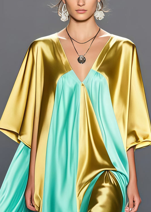 Golden V Neck Patchwork Side Open Silk Long Dress Summer